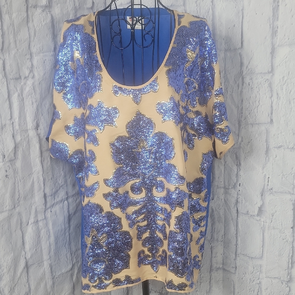Neiman Marcus Tracy Reese Sequin‎ Top Blue Floral XL